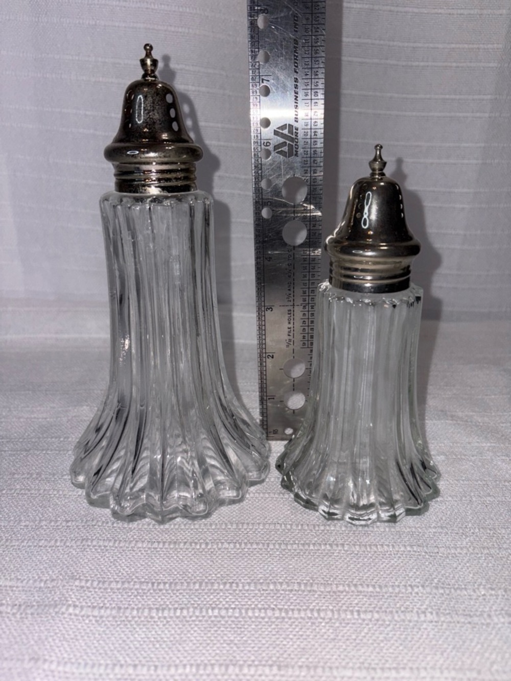 Vintage Pressed Glass Sugar Shaker Sifter Set Clear Silver Top EUC